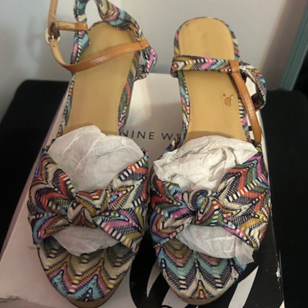 Nine West Multi-color Electrico open toe Cork heel wedge shoes, size 10 1/2